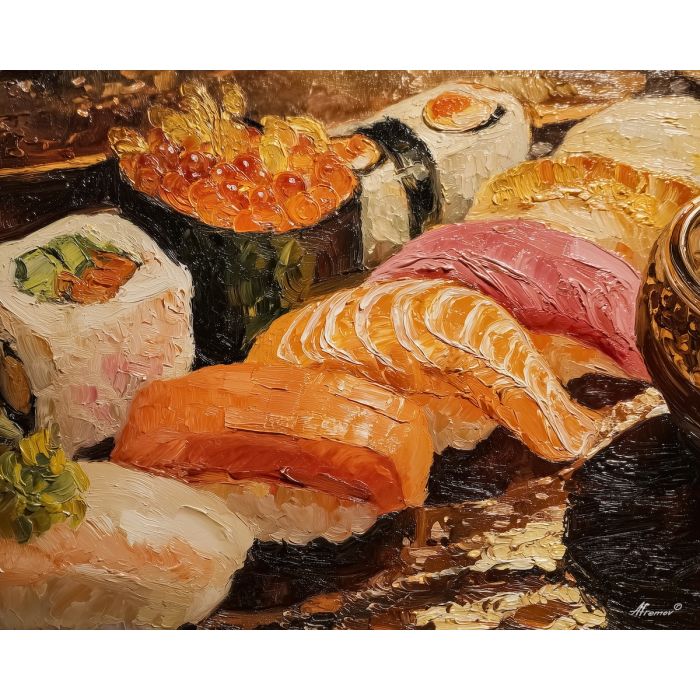 sushi, sushi platter close-up at tea pot, quiet restaurant counter, glossy highlights and dark lacquer reflections, salmon orange with charcoal and warm gold light, refined and intimate, foreground subject, impasto texture, textured strokes, atmospheric depth, oil painting, palette knife texture, impasto oil, thick paint, bold brushwork, soft glow, color contrast, layered depth, foreground focus, background gradient
