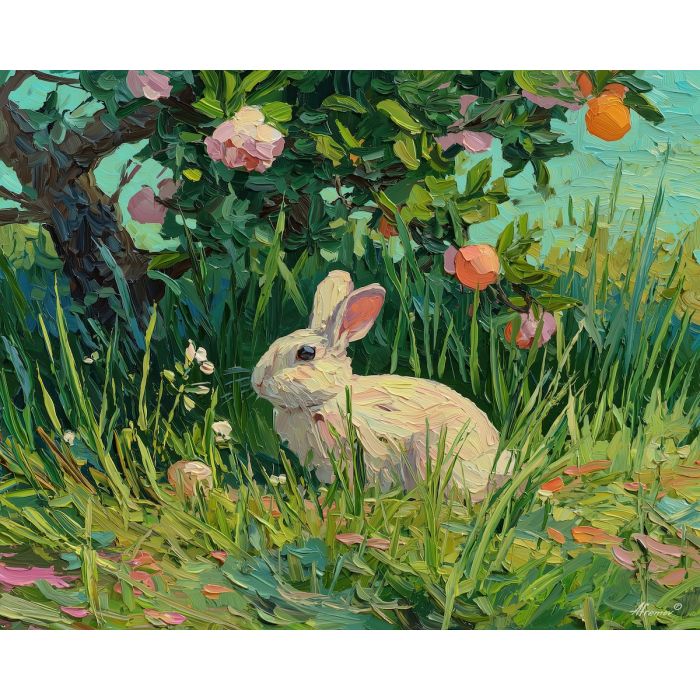 rabbit, rabbit in meadow grass at orchard bloom, spring orchard edge, dew sparkle and long soft shadows, warm beige with spring green and peach glow, softly whimsical, foreground subject, impasto texture, textured strokes, atmospheric depth, oil painting, palette knife texture, impasto oil, thick paint, bold brushwork, soft glow, color contrast, layered depth, foreground focus, background gradient