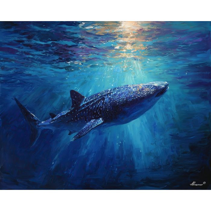 whale shark, whale shark in clear water at deep descent, open blue tropical sea, sunbeams and surface shimmer, turquoise and deep blue with soft white highlights, majestic and slow-moving, foreground subject, impasto texture, textured strokes, atmospheric depth, oil painting, palette knife texture, impasto oil, thick paint, bold brushwork, soft glow, color contrast, layered depth, foreground focus, background gradient