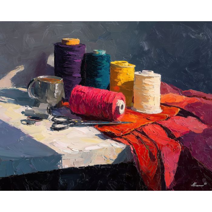 thread, spool of colored thread at folded textile, window-lit sewing table, fabric folds and tiny metal glints, crimson and cream with cool slate shadows, tactile and intimate, foreground subject, impasto texture, textured strokes, atmospheric depth, oil painting, palette knife texture, impasto oil, thick paint, bold brushwork, soft glow, color contrast, layered depth, foreground focus, background gradient