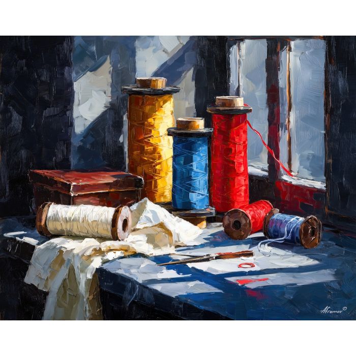 thread, spool of colored thread at sunlit corner, window-lit sewing table, fabric folds and tiny metal glints, crimson and cream with cool slate shadows, tactile and intimate, foreground subject, impasto texture, textured strokes, atmospheric depth, oil painting, palette knife texture, impasto oil, thick paint, bold brushwork, soft glow, color contrast, layered depth, foreground focus, background gradient
