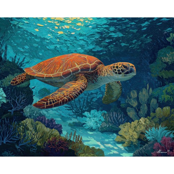 sea turtle, sea turtle gliding underwater at reef garden, clear tropical reef, surface shimmer and turquoise depth, aqua and cobalt with warm tropical light, tranquil and luminous, foreground subject, impasto texture, textured strokes, atmospheric depth, oil painting, palette knife texture, impasto oil, thick paint, bold brushwork, soft glow, color contrast, layered depth, foreground focus, background gradient