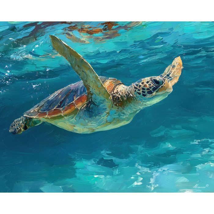 sea turtle, sea turtle gliding underwater at tropical cove, clear tropical reef, surface shimmer and turquoise depth, aqua and cobalt with warm tropical light, tranquil and luminous, foreground subject, impasto texture, textured strokes, atmospheric depth, oil painting, palette knife texture, impasto oil, thick paint, bold brushwork, soft glow, color contrast, layered depth, foreground focus, background gradient