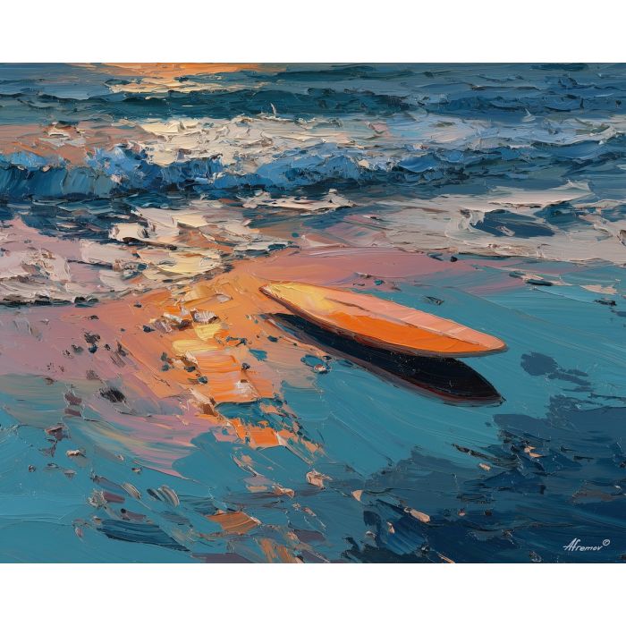 surfboard, surfboard planted in sand at blue hour coast, sunset beach edge, wet reflections and warm rim light, sunset orange with teal water and navy shadows, coastal and relaxed, foreground subject, impasto texture, textured strokes, atmospheric depth, oil painting, palette knife texture, impasto oil, thick paint, bold brushwork, soft glow, color contrast, layered depth, foreground focus, background gradient