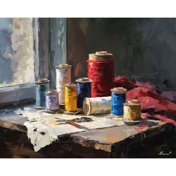 thread, spool of colored thread at worktable hush, window-lit sewing table, fabric folds and tiny metal glints, crimson and cream with cool slate shadows, tactile and intimate, foreground subject, impasto texture, textured strokes, atmospheric depth, oil painting, palette knife texture, impasto oil, thick paint, bold brushwork, soft glow, color contrast, layered depth, foreground focus, background gradient