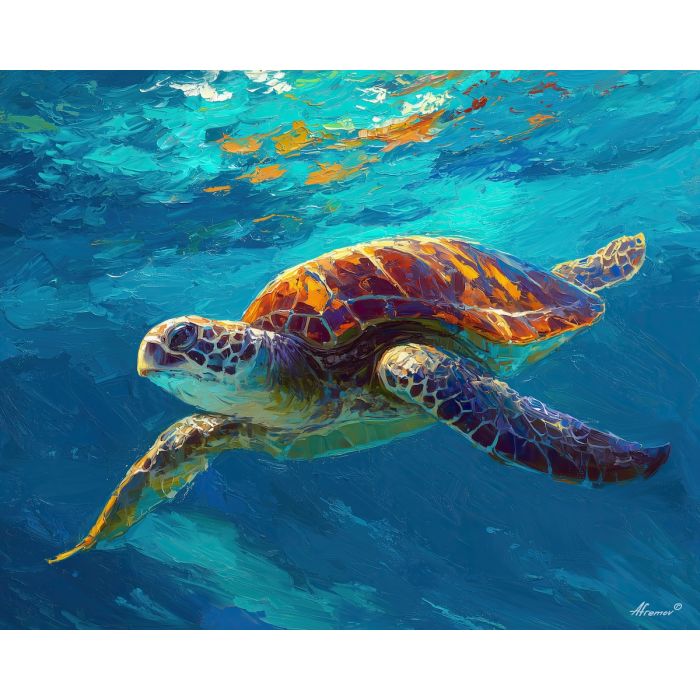 sea turtle, sea turtle gliding underwater at reef wall, clear tropical reef, surface shimmer and turquoise depth, aqua and cobalt with warm tropical light, tranquil and luminous, foreground subject, impasto texture, textured strokes, atmospheric depth, oil painting, palette knife texture, impasto oil, thick paint, bold brushwork, soft glow, color contrast, layered depth, foreground focus, background gradient