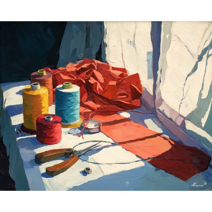 thread, spool of colored thread at tool shadow, window-lit sewing table, fabric folds and tiny metal glints, crimson and cream with cool slate shadows, tactile and intimate, foreground subject, impasto texture, textured strokes, atmospheric depth, oil painting, palette knife texture, impasto oil, thick paint, bold brushwork, soft glow, color contrast, layered depth, foreground focus, background gradient