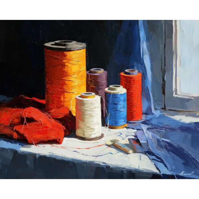 thread, spool of colored thread at thread tangle, window-lit sewing table, fabric folds and tiny metal glints, crimson and cream with cool slate shadows, tactile and intimate, foreground subject, impasto texture, textured strokes, atmospheric depth, oil painting, palette knife texture, impasto oil, thick paint, bold brushwork, soft glow, color contrast, layered depth, foreground focus, background gradient