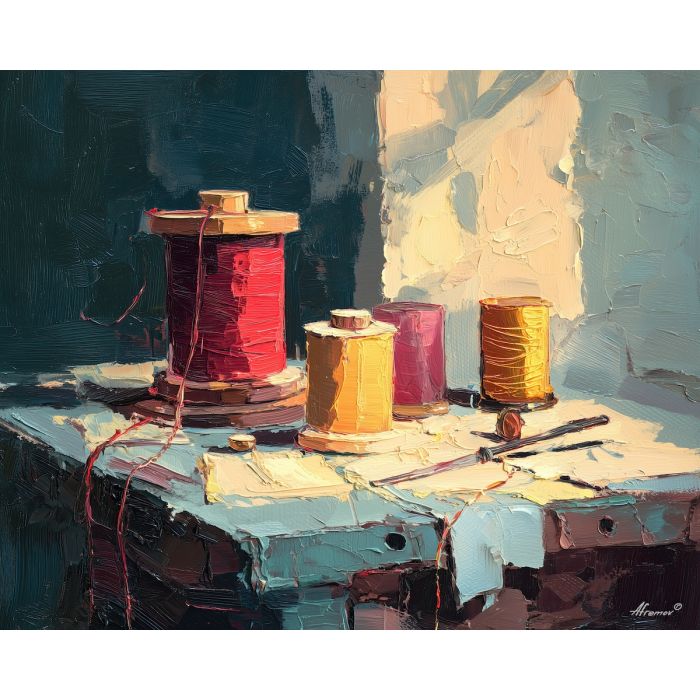 thread, spool of colored thread at thimble light, window-lit sewing table, fabric folds and tiny metal glints, crimson and cream with cool slate shadows, tactile and intimate, foreground subject, impasto texture, textured strokes, atmospheric depth, oil painting, palette knife texture, impasto oil, thick paint, bold brushwork, soft glow, color contrast, layered depth, foreground focus, background gradient
