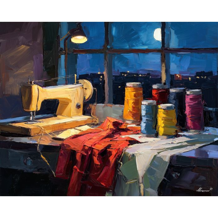 thread, spool of colored thread at denim edge, window-lit sewing table, fabric folds and tiny metal glints, crimson and cream with cool slate shadows, tactile and intimate, foreground subject, impasto texture, textured strokes, atmospheric depth, oil painting, palette knife texture, impasto oil, thick paint, bold brushwork, soft glow, color contrast, layered depth, foreground focus, background gradient