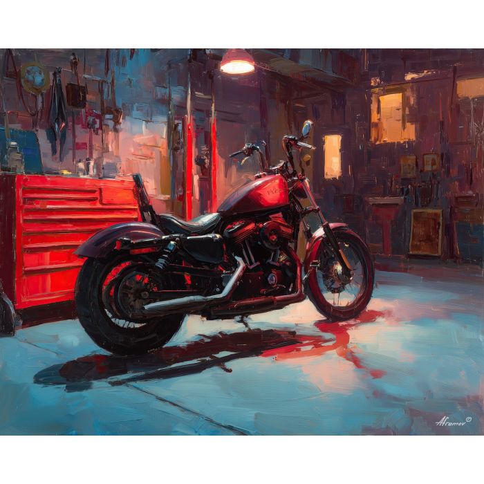 motorcycle, a motorcycle in strong three-quarter view at service bay, a street or studio environment, service bay, crimson and black with cobalt shadows and bright metal highlights, fast and cinematic, foreground subject, impasto texture, textured strokes, atmospheric depth, oil painting, palette knife texture, impasto oil, thick paint, bold brushwork, soft glow, color contrast, layered depth, foreground focus, background gradient
