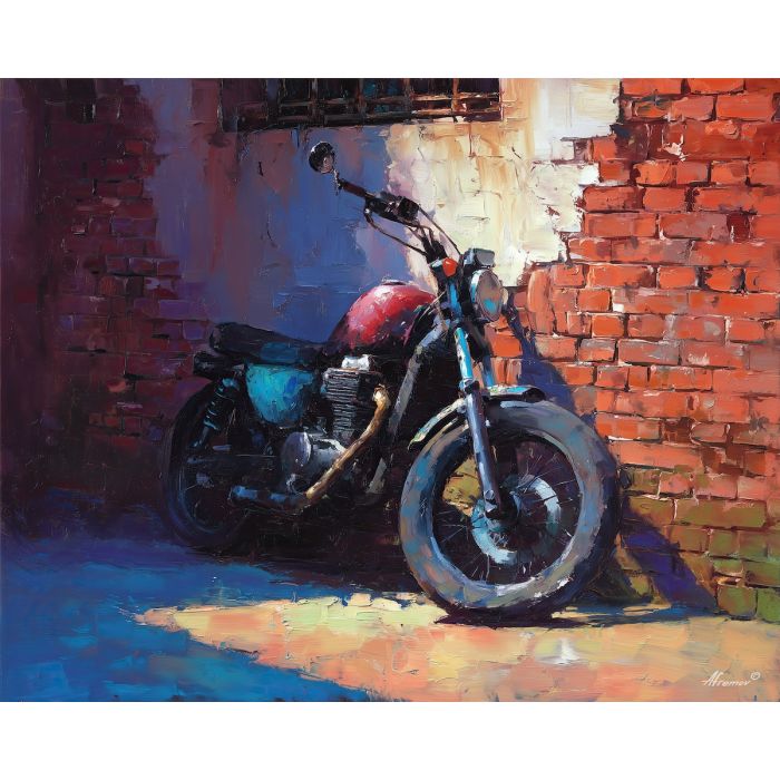 motorcycle, a motorcycle in strong three-quarter view at old brick wall, a street or studio environment, old brick wall, crimson and black with cobalt shadows and bright metal highlights, fast and cinematic, foreground subject, impasto texture, textured strokes, atmospheric depth, oil painting, palette knife texture, impasto oil, thick paint, bold brushwork, soft glow, color contrast, layered depth, foreground focus, background gradient