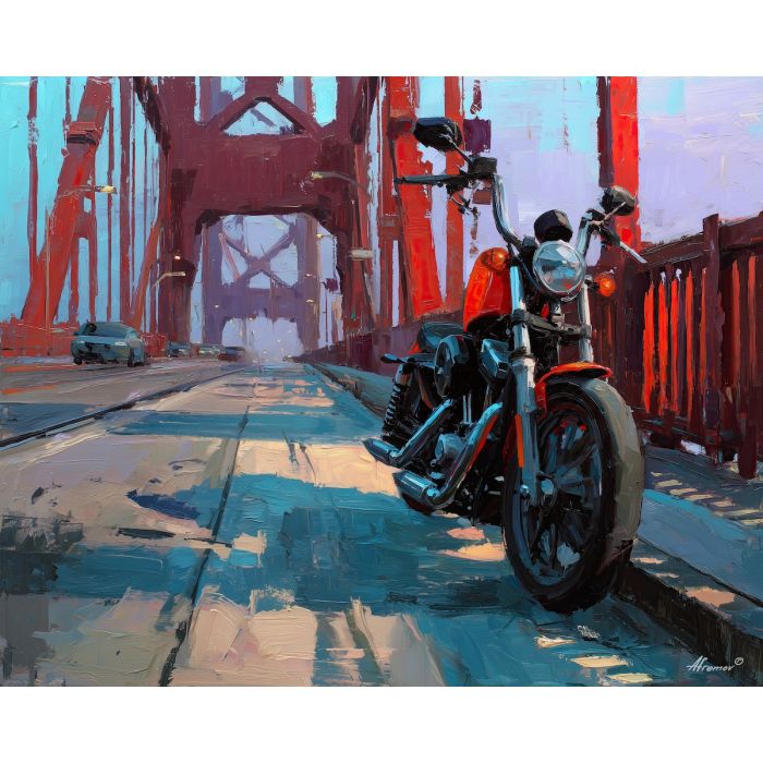 motorcycle, a motorcycle in strong three-quarter view at bridge crossing, a street or studio environment, bridge crossing, crimson and black with cobalt shadows and bright metal highlights, fast and cinematic, foreground subject, impasto texture, textured strokes, atmospheric depth, oil painting, palette knife texture, impasto oil, thick paint, bold brushwork, soft glow, color contrast, layered depth, foreground focus, background gradient