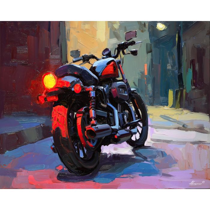 motorcycle, a motorcycle in strong three-quarter view at red tail light, a street or studio environment, red tail light, crimson and black with cobalt shadows and bright metal highlights, fast and cinematic, foreground subject, impasto texture, textured strokes, atmospheric depth, oil painting, palette knife texture, impasto oil, thick paint, bold brushwork, soft glow, color contrast, layered depth, foreground focus, background gradient
