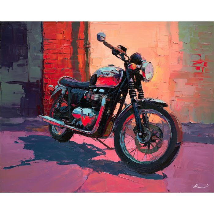 motorcycle, a motorcycle in strong three-quarter view at chrome tank, a street or studio environment, chrome tank, crimson and black with cobalt shadows and bright metal highlights, fast and cinematic, foreground subject, impasto texture, textured strokes, atmospheric depth, oil painting, palette knife texture, impasto oil, thick paint, bold brushwork, soft glow, color contrast, layered depth, foreground focus, background gradient