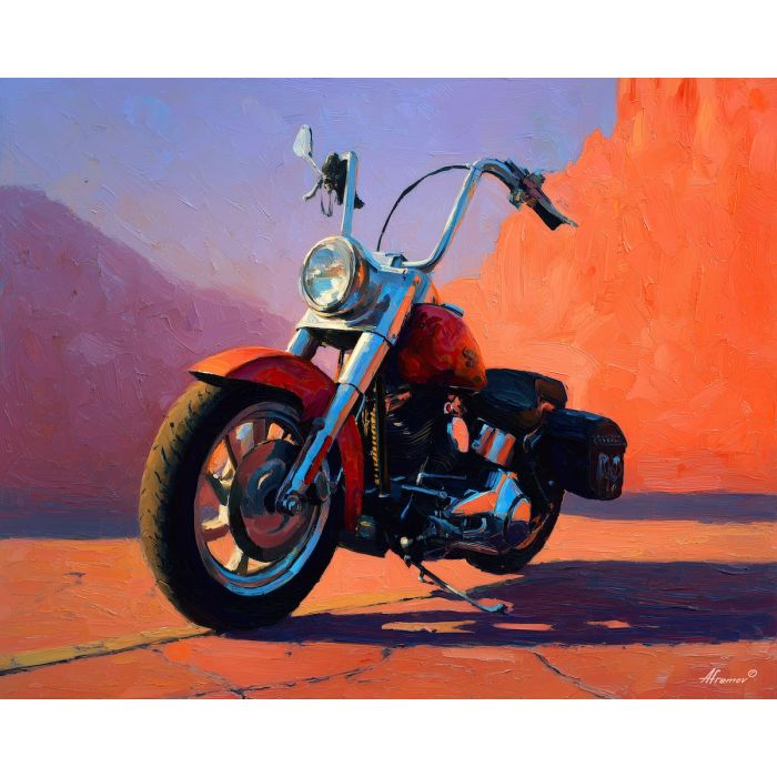 motorcycle, a motorcycle in strong three-quarter view at desert road, a street or studio environment, desert road, crimson and black with cobalt shadows and bright metal highlights, fast and cinematic, foreground subject, impasto texture, textured strokes, atmospheric depth, oil painting, palette knife texture, impasto oil, thick paint, bold brushwork, soft glow, color contrast, layered depth, foreground focus, background gradient