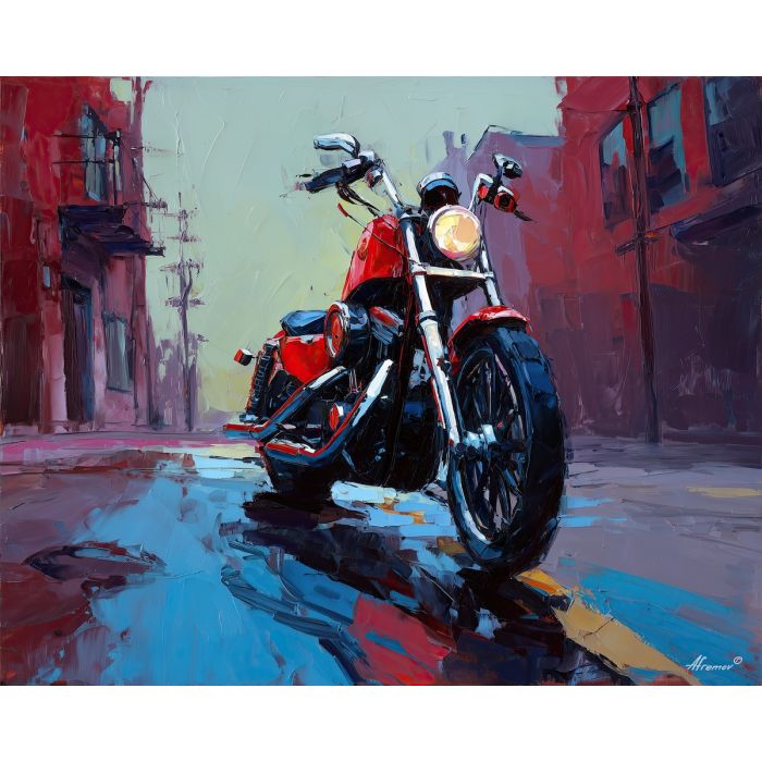 motorcycle, a motorcycle in strong three-quarter view at wet street, a street or studio environment, wet street, crimson and black with cobalt shadows and bright metal highlights, fast and cinematic, foreground subject, impasto texture, textured strokes, atmospheric depth, oil painting, palette knife texture, impasto oil, thick paint, bold brushwork, soft glow, color contrast, layered depth, foreground focus, background gradient