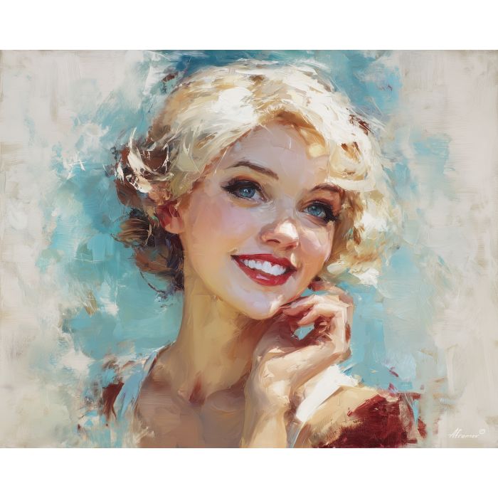 marilyn monroe, a glamorous blonde portrait figure in vintage light at sunlit smile, a classic Hollywood-inspired portrait setting, sunlit smile, cream and platinum with crimson and teal accents, iconic and luminous, foreground subject, impasto texture, textured strokes, atmospheric depth, oil painting, palette knife texture, impasto oil, thick paint, bold brushwork, soft glow, color contrast, layered depth, foreground focus, background gradient