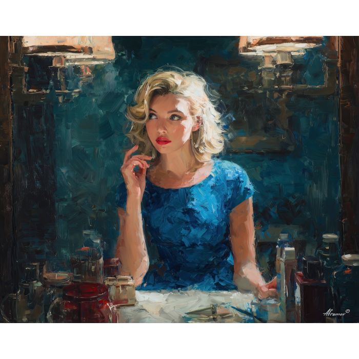 marilyn monroe, a glamorous blonde portrait figure in vintage light at powder room, a classic Hollywood-inspired portrait setting, powder room, cream and platinum with crimson and teal accents, iconic and luminous, foreground subject, impasto texture, textured strokes, atmospheric depth, oil painting, palette knife texture, impasto oil, thick paint, bold brushwork, soft glow, color contrast, layered depth, foreground focus, background gradient