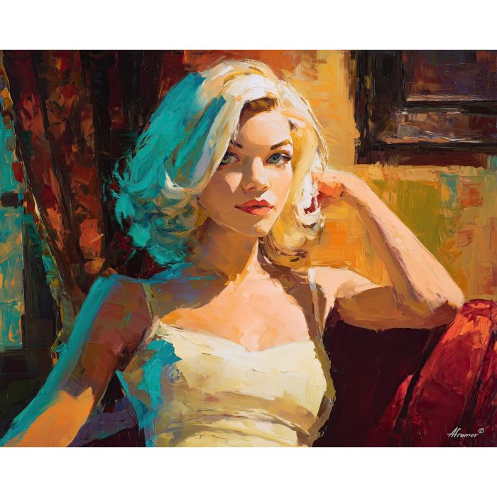 marilyn monroe, a glamorous blonde portrait figure in vintage light at velvet seat, a classic Hollywood-inspired portrait setting, velvet seat, cream and platinum with crimson and teal accents, iconic and luminous, foreground subject, impasto texture, textured strokes, atmospheric depth, oil painting, palette knife texture, impasto oil, thick paint, bold brushwork, soft glow, color contrast, layered depth, foreground focus, background gradient