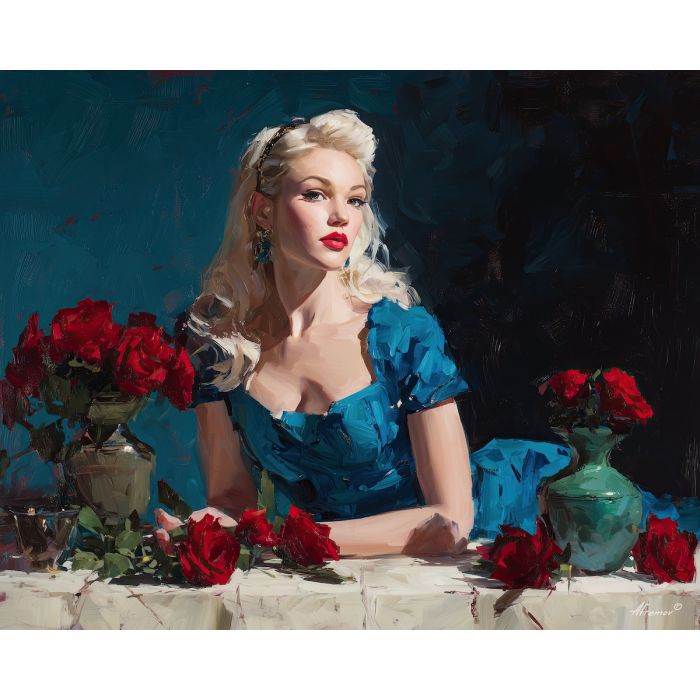 marilyn monroe, a glamorous blonde portrait figure in vintage light at roses table, a classic Hollywood-inspired portrait setting, roses table, cream and platinum with crimson and teal accents, iconic and luminous, foreground subject, impasto texture, textured strokes, atmospheric depth, oil painting, palette knife texture, impasto oil, thick paint, bold brushwork, soft glow, color contrast, layered depth, foreground focus, background gradient