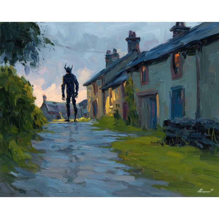 frankenstein, a stitched monster figure in dramatic light at village lane, a gothic environment, village lane, olive green and charcoal with blue gray storm light, moody and cinematic, foreground subject, impasto texture, textured strokes, atmospheric depth, oil painting, palette knife texture, impasto oil, thick paint, bold brushwork, soft glow, color contrast, layered depth, foreground focus, background gradient