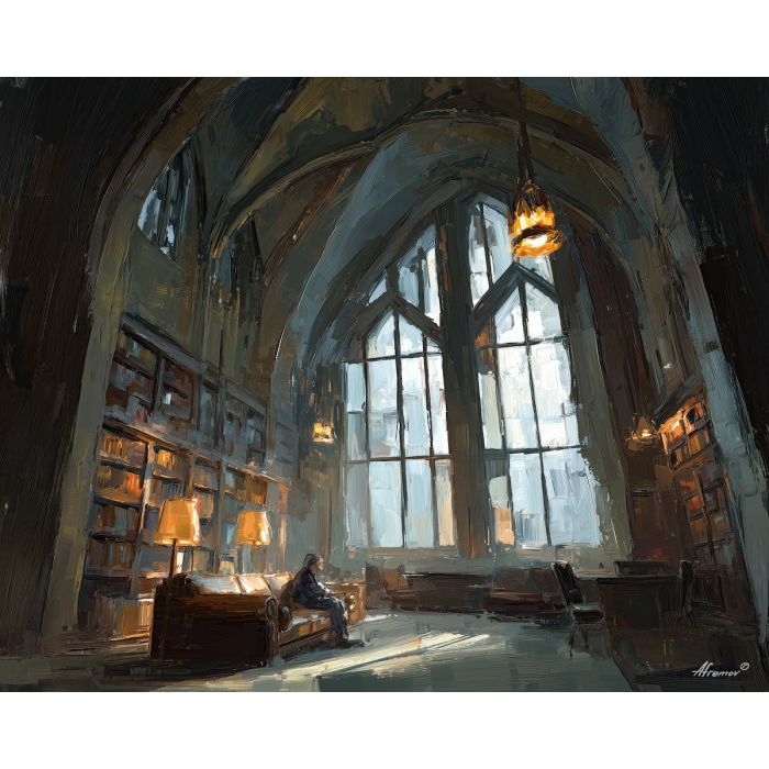 frankenstein, a stitched monster figure in dramatic light at old library, a gothic environment, old library, olive green and charcoal with blue gray storm light, moody and cinematic, foreground subject, impasto texture, textured strokes, atmospheric depth, oil painting, palette knife texture, impasto oil, thick paint, bold brushwork, soft glow, color contrast, layered depth, foreground focus, background gradient