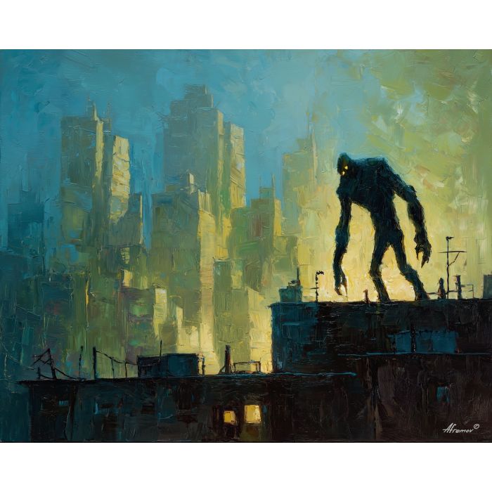 frankenstein, a stitched monster figure in dramatic light at rain rooftop, a gothic environment, rain rooftop, olive green and charcoal with blue gray storm light, moody and cinematic, foreground subject, impasto texture, textured strokes, atmospheric depth, oil painting, palette knife texture, impasto oil, thick paint, bold brushwork, soft glow, color contrast, layered depth, foreground focus, background gradient