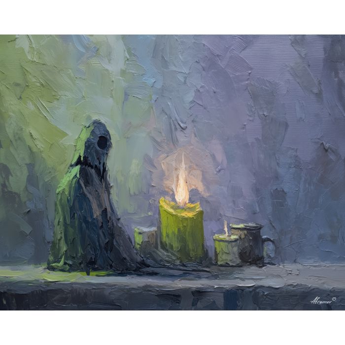 frankenstein, a stitched monster figure in dramatic light at candle lab, a gothic environment, candle lab, olive green and charcoal with blue gray storm light, moody and cinematic, foreground subject, impasto texture, textured strokes, atmospheric depth, oil painting, palette knife texture, impasto oil, thick paint, bold brushwork, soft glow, color contrast, layered depth, foreground focus, background gradient