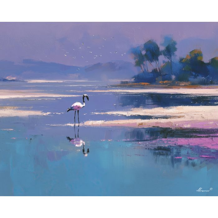 flamingo, a flamingo standing in shallow reflective water at misted estuary, a tropical waterside scene, misted estuary, pink and coral with turquoise water and navy shade, bright and elegant, foreground subject, impasto texture, textured strokes, atmospheric depth, oil painting, palette knife texture, impasto oil, thick paint, bold brushwork, soft glow, color contrast, layered depth, foreground focus, background gradient