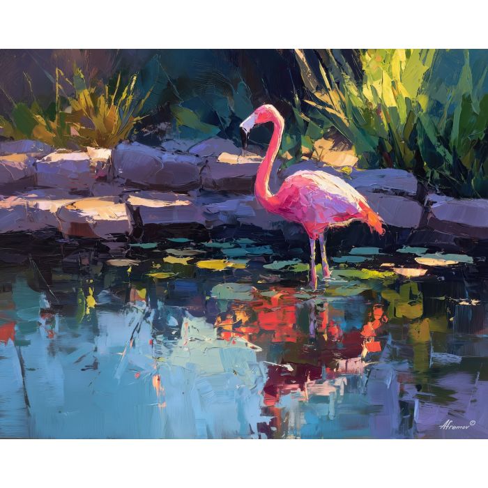 flamingo, a flamingo standing in shallow reflective water at stone basin, a tropical waterside scene, stone basin, pink and coral with turquoise water and navy shade, bright and elegant, foreground subject, impasto texture, textured strokes, atmospheric depth, oil painting, palette knife texture, impasto oil, thick paint, bold brushwork, soft glow, color contrast, layered depth, foreground focus, background gradient