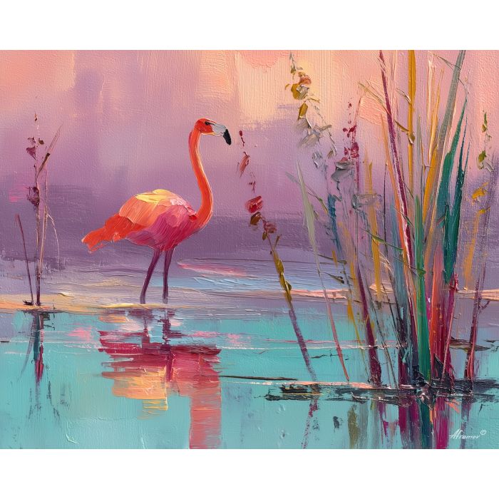 flamingo, a flamingo standing in shallow reflective water at sunrise reeds, a tropical waterside scene, sunrise reeds, pink and coral with turquoise water and navy shade, bright and elegant, foreground subject, impasto texture, textured strokes, atmospheric depth, oil painting, palette knife texture, impasto oil, thick paint, bold brushwork, soft glow, color contrast, layered depth, foreground focus, background gradient