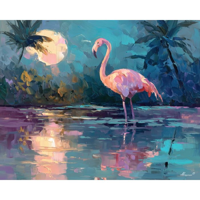 flamingo, a flamingo standing in shallow reflective water at moonlit pond, a tropical waterside scene, moonlit pond, pink and coral with turquoise water and navy shade, bright and elegant, foreground subject, impasto texture, textured strokes, atmospheric depth, oil painting, palette knife texture, impasto oil, thick paint, bold brushwork, soft glow, color contrast, layered depth, foreground focus, background gradient