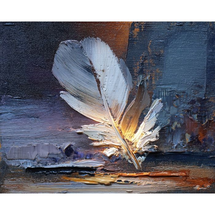 feather, a single feather enlarged in close-up at night feather, a still-life environment, night feather, ivory and slate with warm copper glow, delicate and luminous, foreground subject, impasto texture, textured strokes, atmospheric depth, oil painting, palette knife texture, impasto oil, thick paint, bold brushwork, soft glow, color contrast, layered depth, foreground focus, background gradient