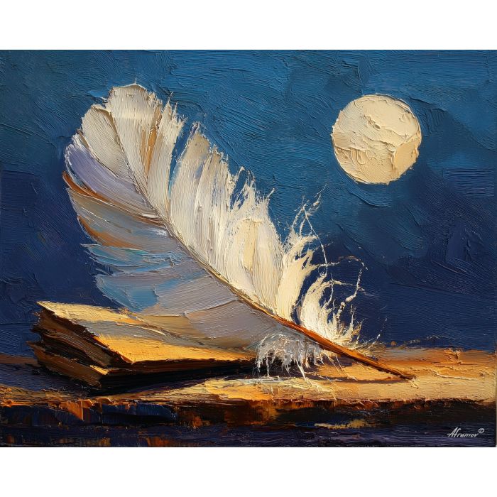 feather, a single feather enlarged in close-up at book page, a still-life environment, book page, ivory and slate with warm copper glow, delicate and luminous, foreground subject, impasto texture, textured strokes, atmospheric depth, oil painting, palette knife texture, impasto oil, thick paint, bold brushwork, soft glow, color contrast, layered depth, foreground focus, background gradient