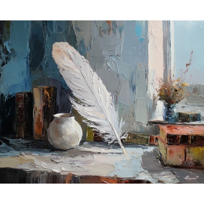 feather, a single feather enlarged in close-up at ink feather, a still-life environment, ink feather, ivory and slate with warm copper glow, delicate and luminous, foreground subject, impasto texture, textured strokes, atmospheric depth, oil painting, palette knife texture, impasto oil, thick paint, bold brushwork, soft glow, color contrast, layered depth, foreground focus, background gradient
