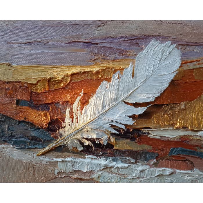 feather, a single feather enlarged in close-up at rain feather, a still-life environment, rain feather, ivory and slate with warm copper glow, delicate and luminous, foreground subject, impasto texture, textured strokes, atmospheric depth, oil painting, palette knife texture, impasto oil, thick paint, bold brushwork, soft glow, color contrast, layered depth, foreground focus, background gradient