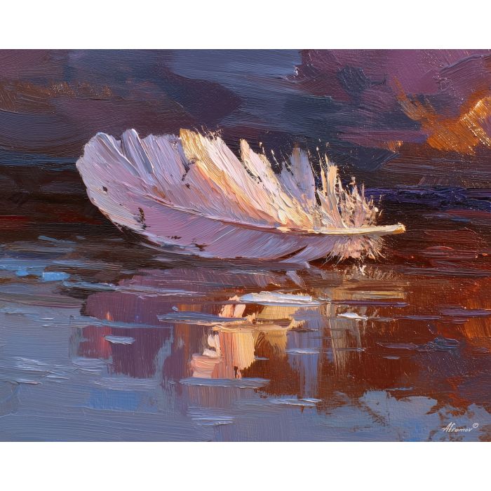 feather, a single feather enlarged in close-up at mirror feather, a still-life environment, mirror feather, ivory and slate with warm copper glow, delicate and luminous, foreground subject, impasto texture, textured strokes, atmospheric depth, oil painting, palette knife texture, impasto oil, thick paint, bold brushwork, soft glow, color contrast, layered depth, foreground focus, background gradient