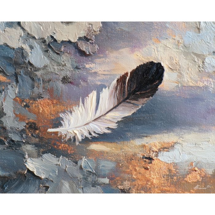 feather, a single feather enlarged in close-up at crow feather, a still-life environment, crow feather, ivory and slate with warm copper glow, delicate and luminous, foreground subject, impasto texture, textured strokes, atmospheric depth, oil painting, palette knife texture, impasto oil, thick paint, bold brushwork, soft glow, color contrast, layered depth, foreground focus, background gradient