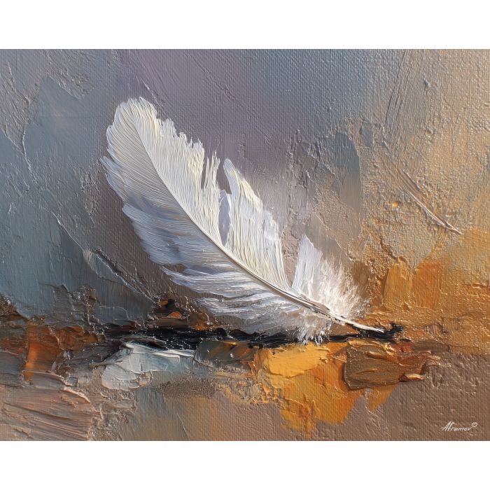 feather, a single feather enlarged in close-up at white plume, a still-life environment, white plume, ivory and slate with warm copper glow, delicate and luminous, foreground subject, impasto texture, textured strokes, atmospheric depth, oil painting, palette knife texture, impasto oil, thick paint, bold brushwork, soft glow, color contrast, layered depth, foreground focus, background gradient
