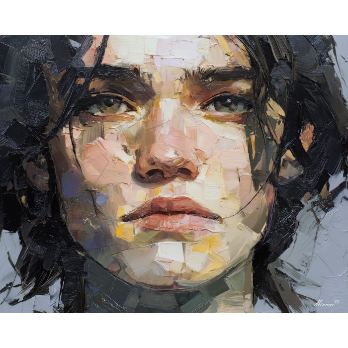 face, a close-up human face in expressive light at wet hair, a portrait setting, wet hair, rose and ochre with cobalt gray shadows, intimate and dramatic, foreground subject, impasto texture, textured strokes, atmospheric depth, oil painting, palette knife texture, impasto oil, thick paint, bold brushwork, soft glow, color contrast, layered depth, foreground focus, background gradient