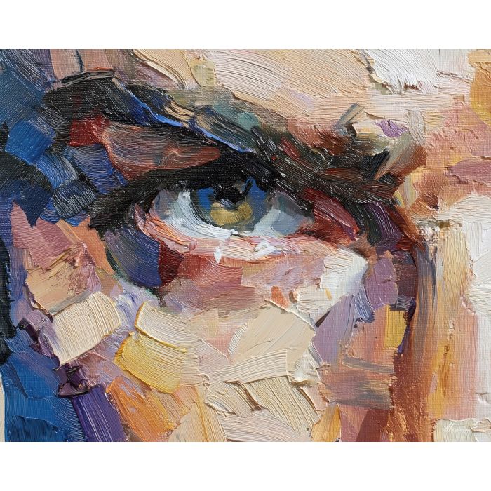 face, a close-up human face in expressive light at silver shadow, a portrait setting, silver shadow, rose and ochre with cobalt gray shadows, intimate and dramatic, foreground subject, impasto texture, textured strokes, atmospheric depth, oil painting, palette knife texture, impasto oil, thick paint, bold brushwork, soft glow, color contrast, layered depth, foreground focus, background gradient