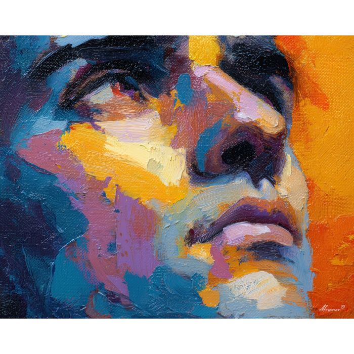 face, a close-up human face in expressive light at sun stripe, a portrait setting, sun stripe, rose and ochre with cobalt gray shadows, intimate and dramatic, foreground subject, impasto texture, textured strokes, atmospheric depth, oil painting, palette knife texture, impasto oil, thick paint, bold brushwork, soft glow, color contrast, layered depth, foreground focus, background gradient