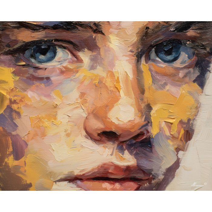 face, a close-up human face in expressive light at quiet stare, a portrait setting, quiet stare, rose and ochre with cobalt gray shadows, intimate and dramatic, foreground subject, impasto texture, textured strokes, atmospheric depth, oil painting, palette knife texture, impasto oil, thick paint, bold brushwork, soft glow, color contrast, layered depth, foreground focus, background gradient