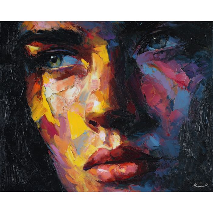 face, a close-up human face in expressive light at veil shadow, a portrait setting, veil shadow, rose and ochre with cobalt gray shadows, intimate and dramatic, foreground subject, impasto texture, textured strokes, atmospheric depth, oil painting, palette knife texture, impasto oil, thick paint, bold brushwork, soft glow, color contrast, layered depth, foreground focus, background gradient
