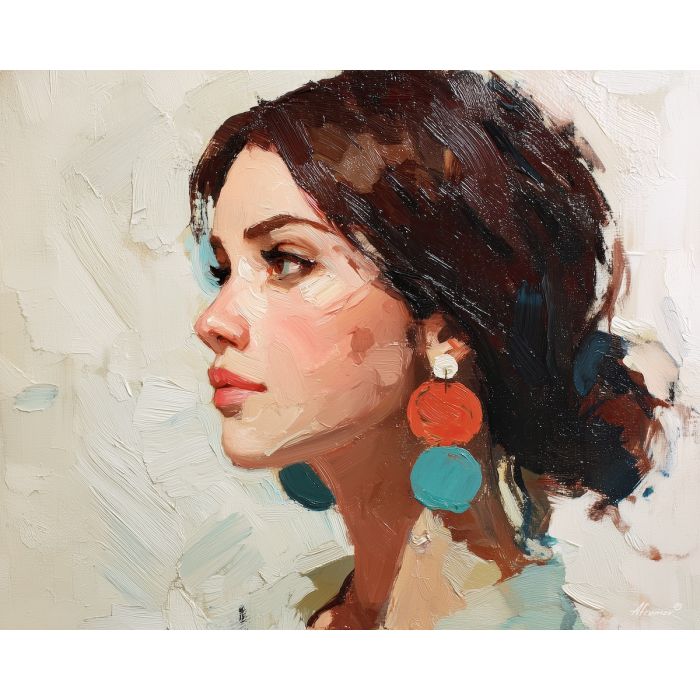 caricature, an exaggerated portrait subject with playful proportions at big earrings, a studio portrait setup, big earrings, coral and teal with cream highlights, playful and theatrical, foreground subject, impasto texture, textured strokes, atmospheric depth, oil painting, palette knife texture, impasto oil, thick paint, bold brushwork, soft glow, color contrast, layered depth, foreground focus, background gradient