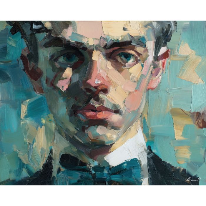 caricature, an exaggerated portrait subject with playful proportions at bow tie, a studio portrait setup, bow tie, coral and teal with cream highlights, playful and theatrical, foreground subject, impasto texture, textured strokes, atmospheric depth, oil painting, palette knife texture, impasto oil, thick paint, bold brushwork, soft glow, color contrast, layered depth, foreground focus, background gradient