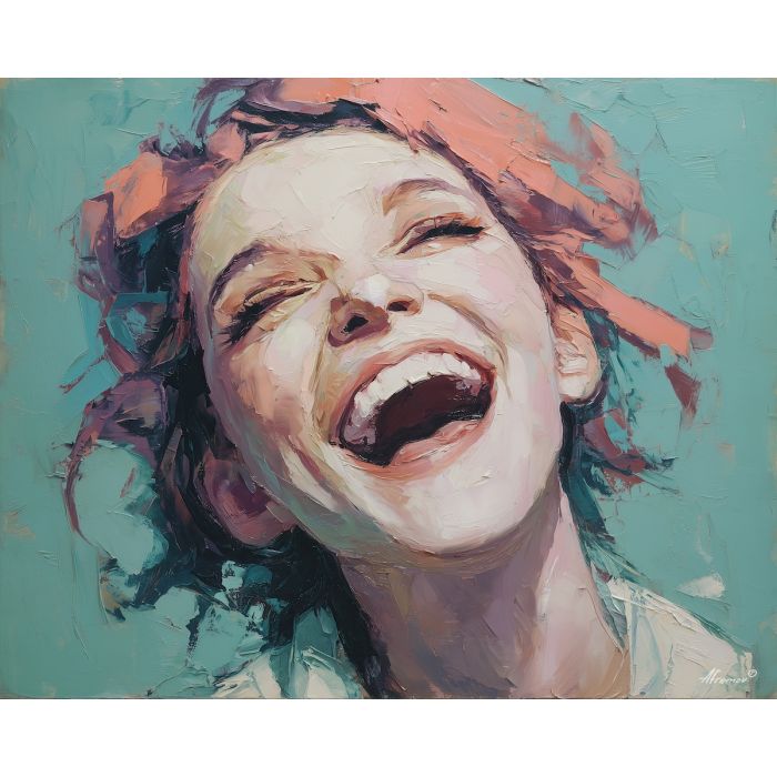 caricature, an exaggerated portrait subject with playful proportions at laughing pose, a studio portrait setup, laughing pose, coral and teal with cream highlights, playful and theatrical, foreground subject, impasto texture, textured strokes, atmospheric depth, oil painting, palette knife texture, impasto oil, thick paint, bold brushwork, soft glow, color contrast, layered depth, foreground focus, background gradient