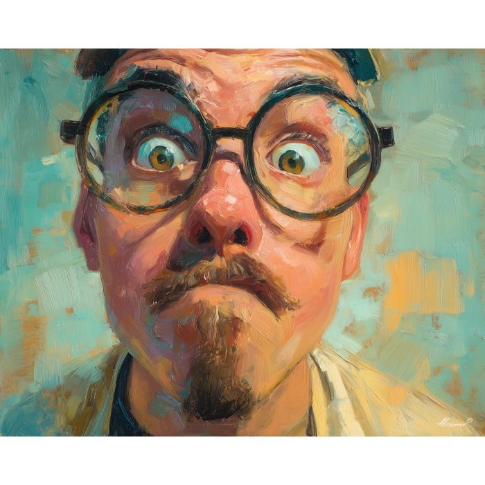 caricature, an exaggerated portrait subject with playful proportions at large glasses, a studio portrait setup, large glasses, coral and teal with cream highlights, playful and theatrical, foreground subject, impasto texture, textured strokes, atmospheric depth, oil painting, palette knife texture, impasto oil, thick paint, bold brushwork, soft glow, color contrast, layered depth, foreground focus, background gradient