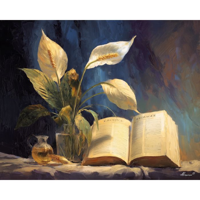 bible verse, an open scripture page with illuminated lettering at peace lily, a devotional still life scene, peace lily, warm cream and gold with deep indigo shade, reverent and calm, foreground subject, impasto texture, textured strokes, atmospheric depth, oil painting, palette knife texture, impasto oil, thick paint, bold brushwork, soft glow, color contrast, layered depth, foreground focus, background gradient